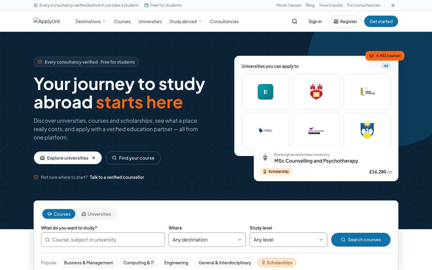 Screenshot of the ApplyUnii website