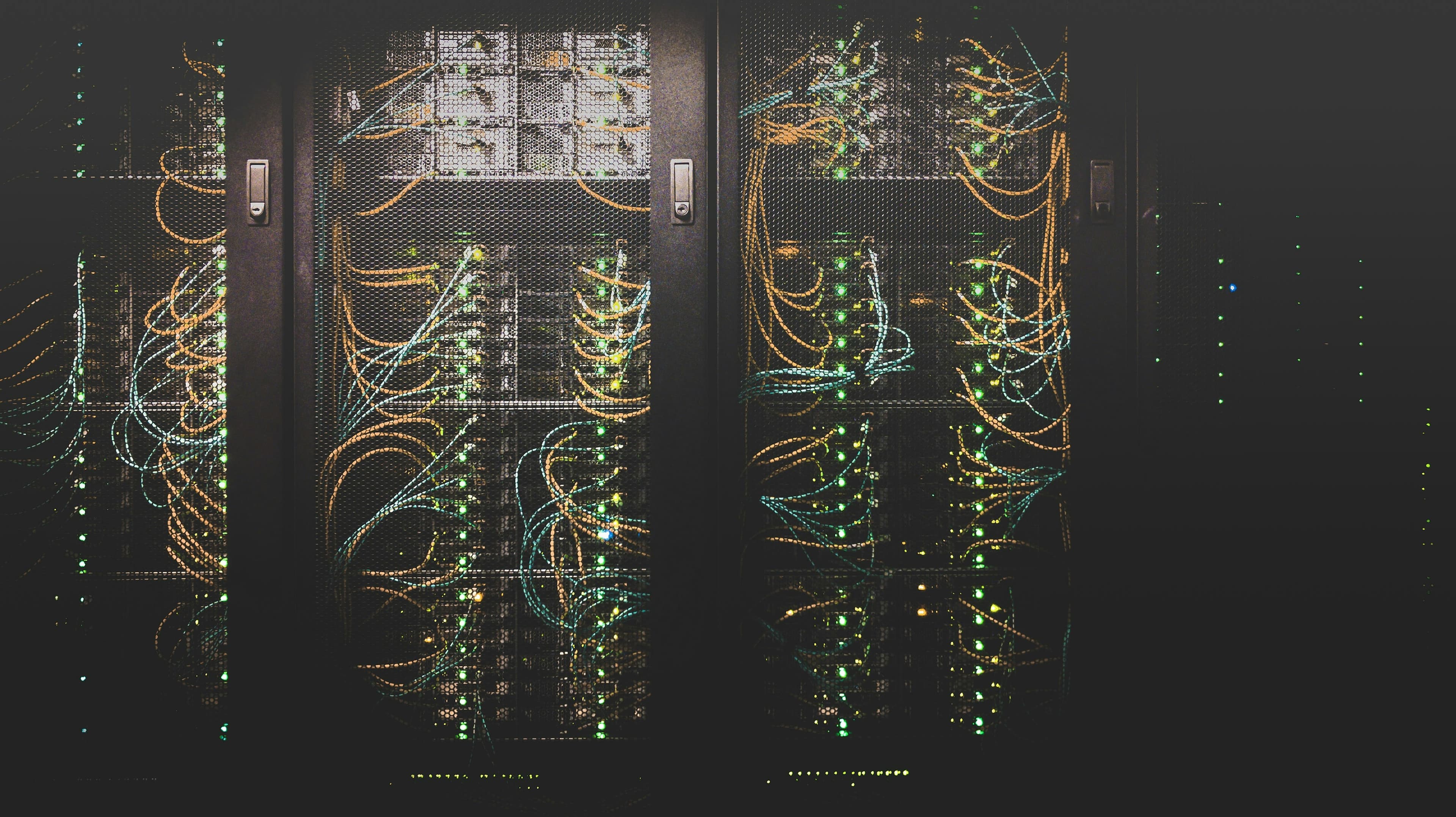Rows of networked servers in a data centre rack