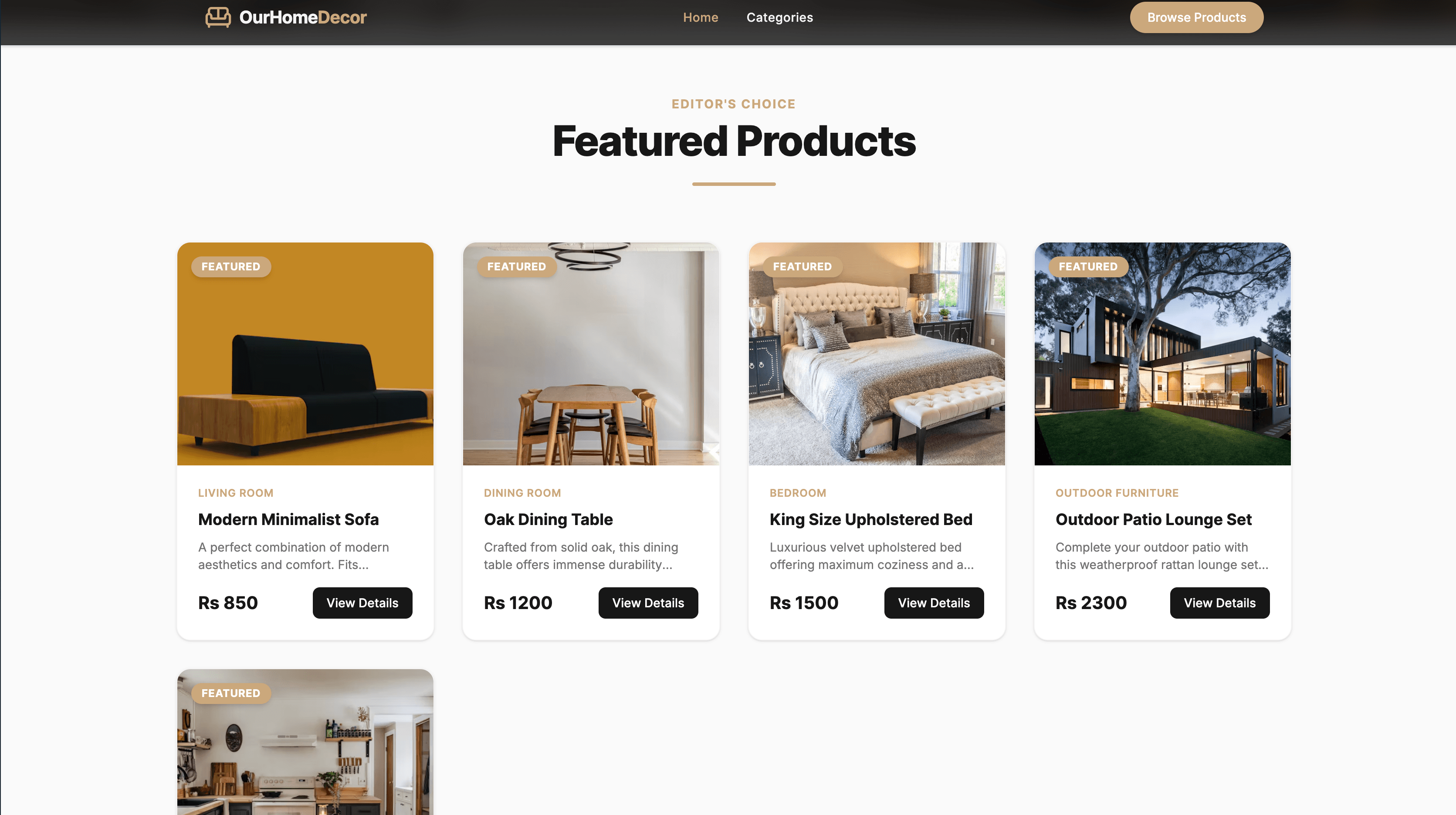 Screenshot of the Our Home Decor — Furniture & Home Décor E-commerce website